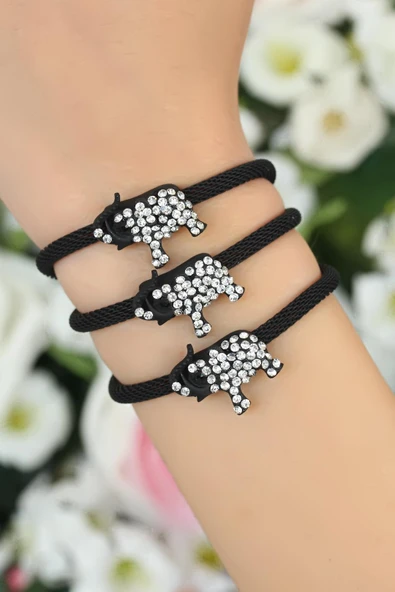 Siyah  Zirkon Taşlı Fil Aksesuarlı Metal Bayan Bileklik ürün görseli 1