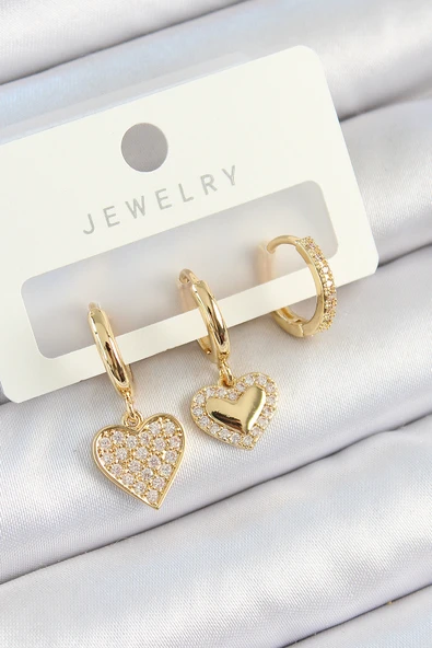Pirinç Zirkon Taşlı Sallantılı Kalp Model Gold Renk 3'lü Çift Kadın Küpe Set ürün görseli 1