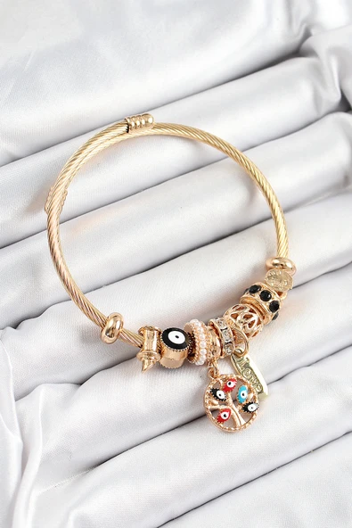 316L Çelik Siyah Nazarlı Zirkon Taşlı İnci Detaylı Hayat Ağacı Model Gold Renk Charm Bileklik ürün görseli 1