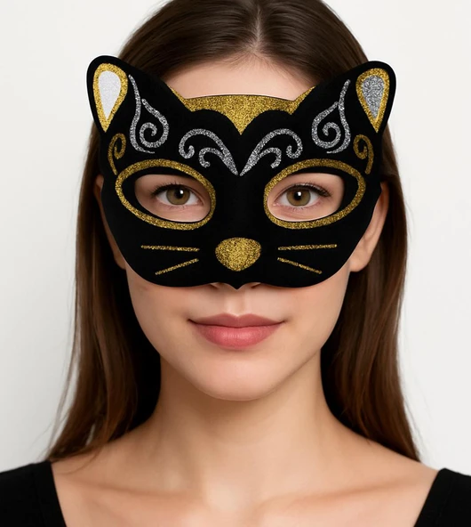 Kadife Dokulu Sim Detaylı Işıltılı Kedi Maskesi Altın Gümüş 20x13 cm - 1