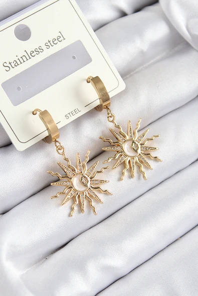 316L Çelik Zirkon Taşlı Sallantılı Güneş Model Gold Renk Kadın Küpe ürün görseli 1