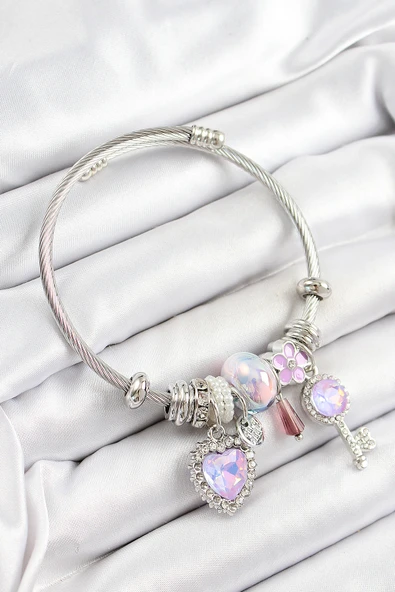 316L Çelik Pembe Zirkon Taşlı Yıldız Anahtar Ve Kalp Model Gümüş Renk Charm Bileklik ürün görseli 1
