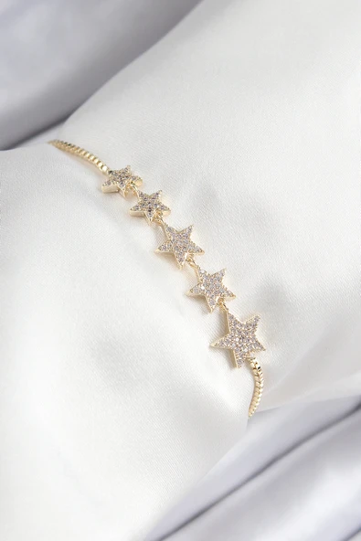 Pirinç Zirkon Taşlı Sıralı Yıldız Model Gold Renk Asansörlü Kadın Bileklik - 1