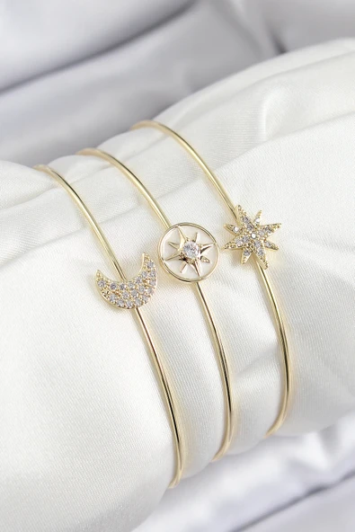 Pirinç Zirkon Taşlı Ay Ve Kutup Yıldızı Model Gold Renk Vip 3'lü Kadın Bileklik ürün görseli 1