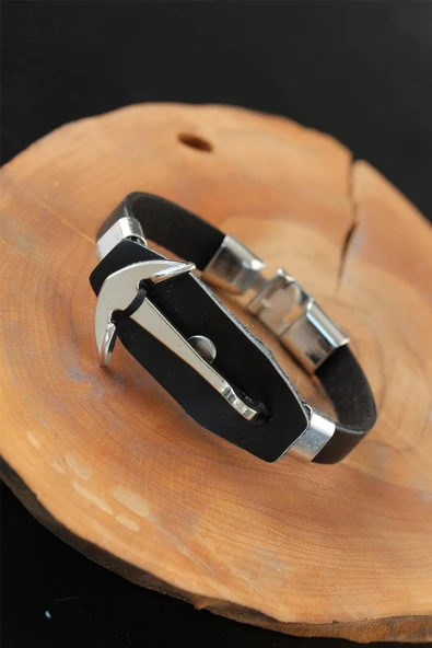 Deniz Çapalı Metal Aksesuarlı Siyah Renk Deri Erkek Bileklik ürün görseli 1