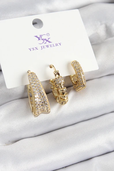 Pirinç Zİrkon Taşlı Halka Model Gold Renk 3'lü Kadın Küpe - 1