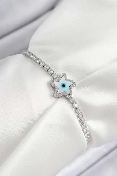 Pirinç Zirkon Taşlı Nazar Yıldız Model Gümüş Renk Asansörlü Kadın Bileklik ürün görseli 1