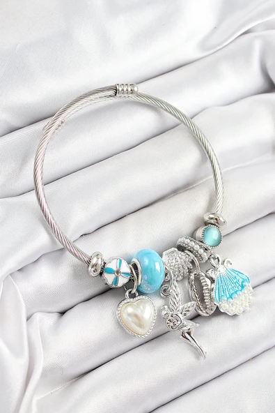 316L Çelik Mavi Zirkon Taşlı Yıldız Melek İstiridye Ve Kalp Model Gümüş Renk Charm Bileklik ürün görseli 1