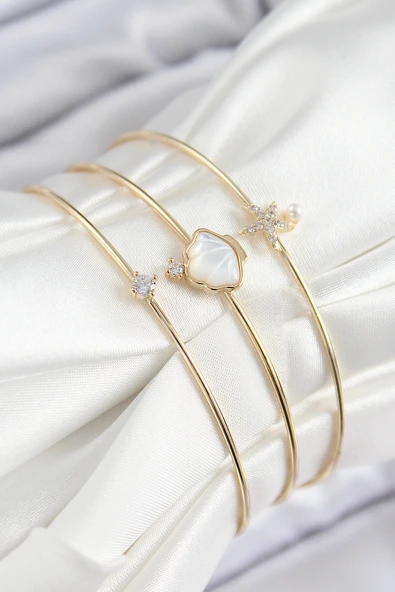 Pirinç Zirkon Taşlı İstiridye Ve Deniz Yıldızı Model Gold Renk Vip 3'lü Kadın Bileklik ürün görseli 1