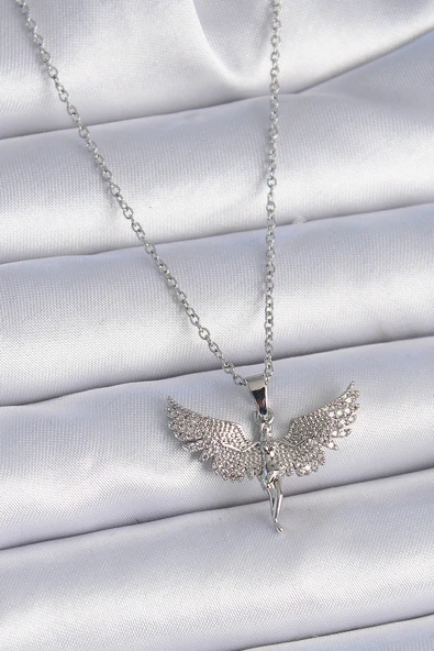 316L Çelik Zincir Gümüş Renk Zirkon Taşlı Melek Model Kadın Kolye ürün görseli 1