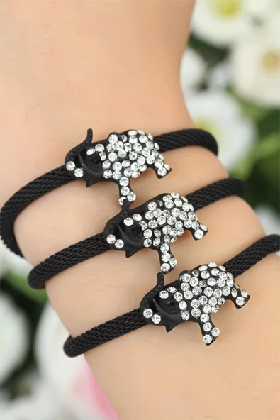 Siyah  Zirkon Taşlı Fil Aksesuarlı Metal Bayan Bileklik - Resim 2