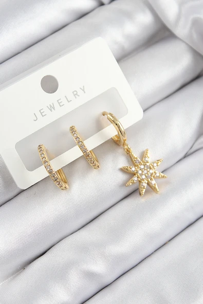 Pirinç Zirkon Taşlı Kutup Yıldızı Model Gold Renk 3'lü Set Kadın Küpe