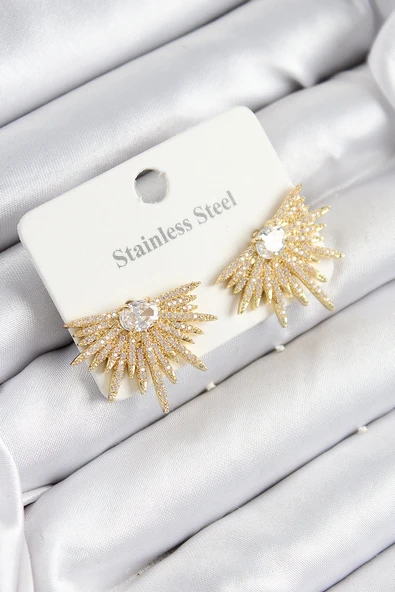316L Çelik Zirkon Taşlı Yelpaze Model Gold Renk Kadın Küpe ürün görseli 1