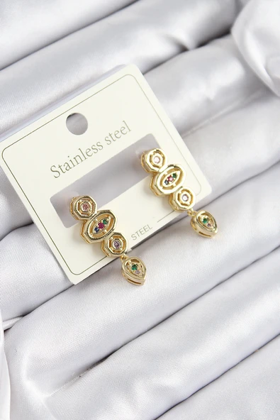 316L Çelik Zirkon Taşlı Sallantılı Geometrik Model Gold Renk Kadın Küpe ürün görseli 1