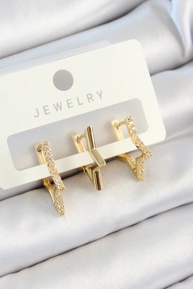 Pirinç Zirkon Taşlı Yıldız Model Gold Renk 3'lü Çift Kadın Küpe Set ürün görseli