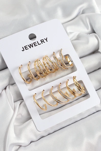Pirinç Karışık Halka Model Gold Renk 6 Çift Kadın Küpe Set - 1