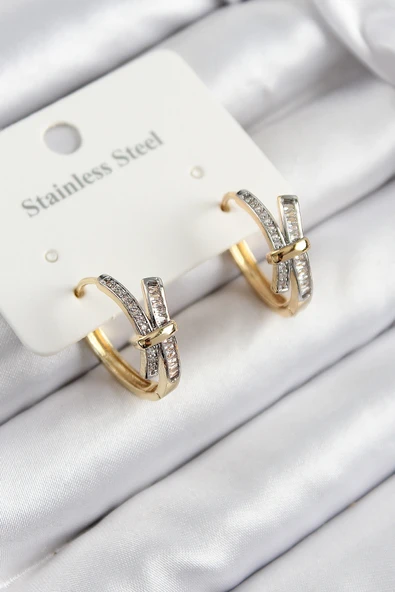 316L Çelik Zirkon Taşlı Düğüm Halka Model Gold Ve Gümüş Renk Kadın Küpe ürün görseli 1
