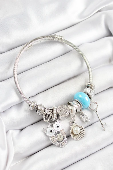 316L Çelik Mavi Zirkon Taşlı Baykuş İstiridye Ve Anahtar Model Gümüş Renk Charm Bileklik ürün görseli 1