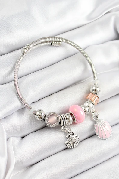 316L Çelik Pembe İstiridye Model Gümüş Renk Charm Bileklik ürün görseli