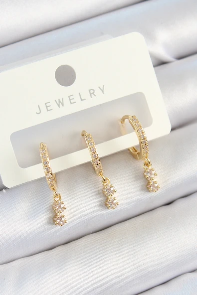 Pirinç Zirkon Taşlı Sallantılı Yıldız Model Gold Renk 3'lü Çift Kadın Küpe Set