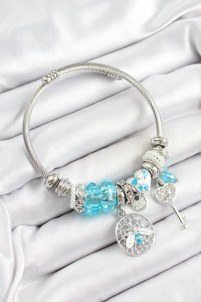 316L Çelik Mavi Zirkon Taşlı Baykuş Arı Ve Anahtar Model Gümüş Renk Charm Bileklik ürün görseli 1