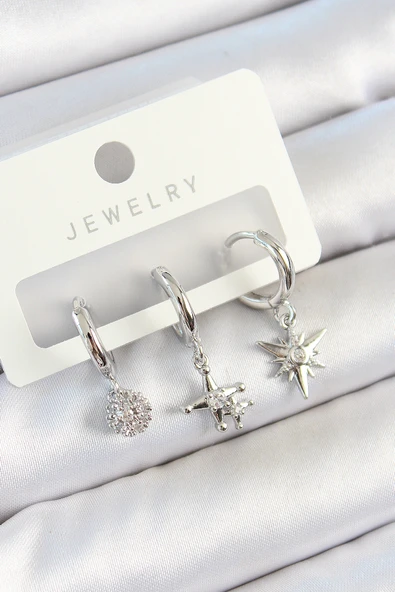 Pirinç Zirkon Taşlı Kutup Yıldızı Model Gümüş Renk 3'lü Çift Kadın Küpe Set ürün görseli 1