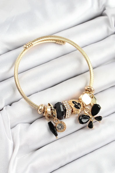 316L Çelik Siyah Zirkon Taşlı Kelebek Model Gold Renk Charm Bileklik ürün görseli 1