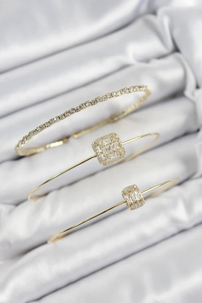 Pirinç Zirkon Taşlı Baget Model Gold Renk Vip 3'lü Kadın Bileklik - Resim 2