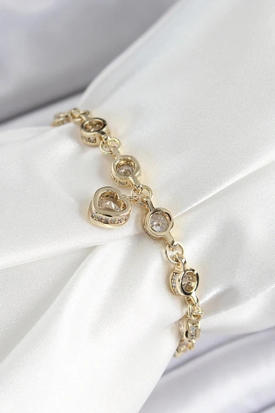 Xuping Pirinç Zirkon Taşlı Sallantılı Kalp Model Gold Renk Kadın Bileklik ürün görseli 1