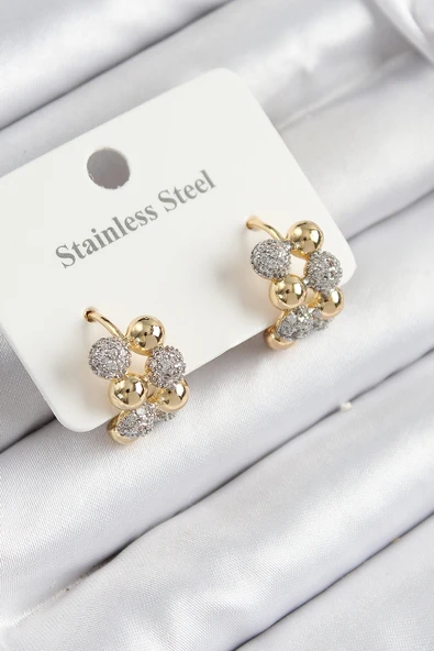 316L Çelik Zirkon Taşlı Topçuk Halka Model Gold Ve Gümüş Renk Kadın Küpe ürün görseli 1