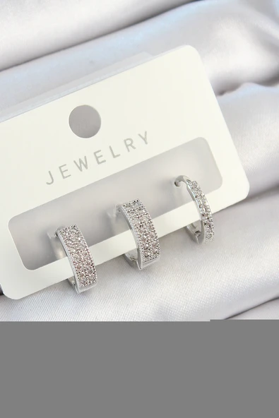 Pirinç Zirkon Taşlı Halka Model Gümüş Renk 3'lü Çift Kadın Küpe Set ürün görseli 1