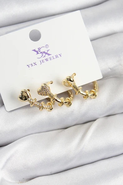 Pirinç Zİrkon Taşlı Kalp Model Gold Renk 3'lü Kadın Küpe ürün görseli 1