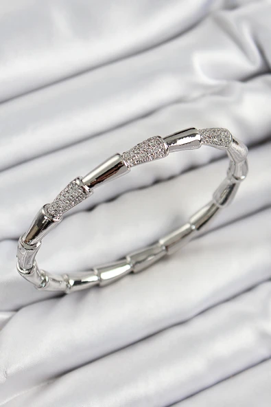 Pirinç Zirkon Taşlı Kemik Model Gümüş Renk Vip Kadın Bileklik ürün görseli 1