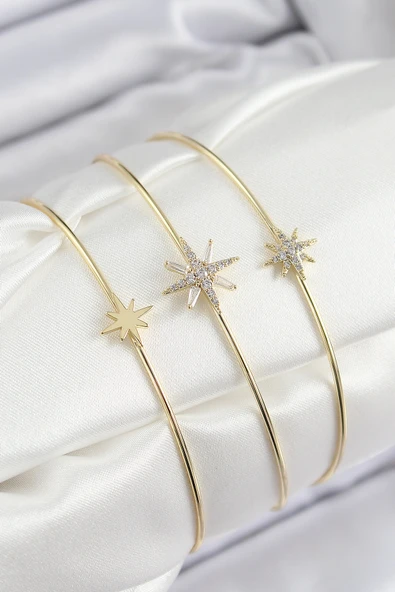 Pirinç Zirkon Taşlı Kutup Yıldızı Model Gold Renk Vip 3'lü Kadın Bileklik ürün görseli 1