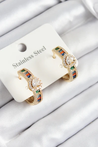 316L Çelik Renkli Zirkon Taşlı Kalpli Baget Halka Model Gold Renk Kadın Küpe - 1