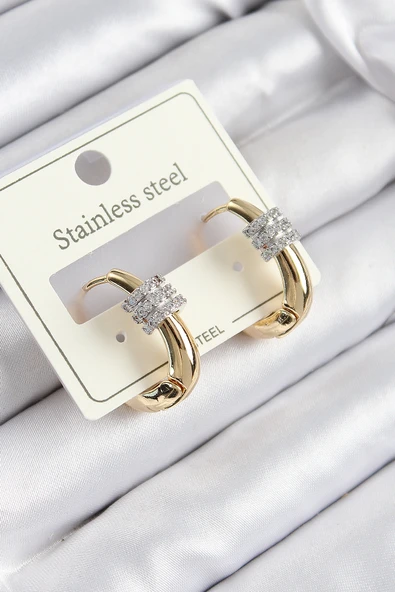 316L Çelik Zirkon Taşlı Halka Model Gold Renk Kadın Küpe - 1