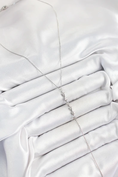 Pirinç Zirkon Taşlı Sıralı Yıldız Figürlü Y Model Gümüş Renk Kadın Kolye - Resim 2