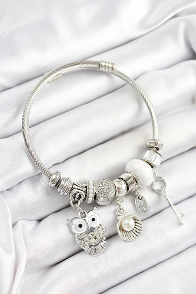 316L Çelik Beyaz Zirkon Taşlı Baykuş İstiridye Ve Anahtar Model Gümüş Renk Charm Bileklik ürün görseli 1