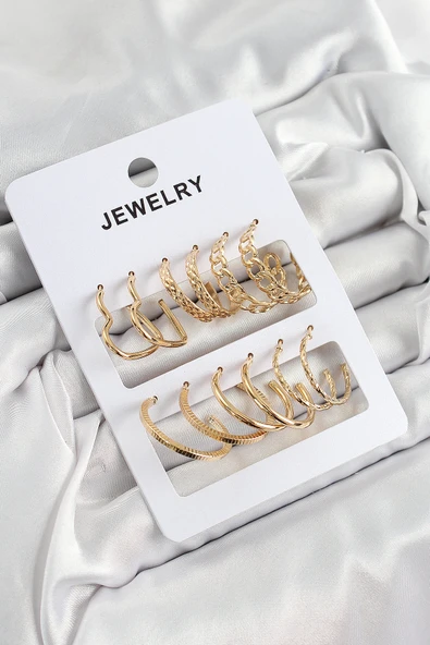 Pirinç Karışık Halka Model Gold Renk 6 Çift Kadın Küpe Set ürün görseli