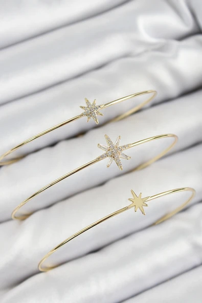 Pirinç Zirkon Taşlı Kutup Yıldızı Model Gold Renk Vip 3'lü Kadın Bileklik - Resim 2