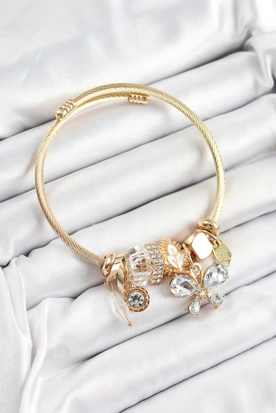 316L Çelik Beyaz Zirkon Taşlı Kelebek Model Gold Renk Charm Bileklik ürün görseli 1