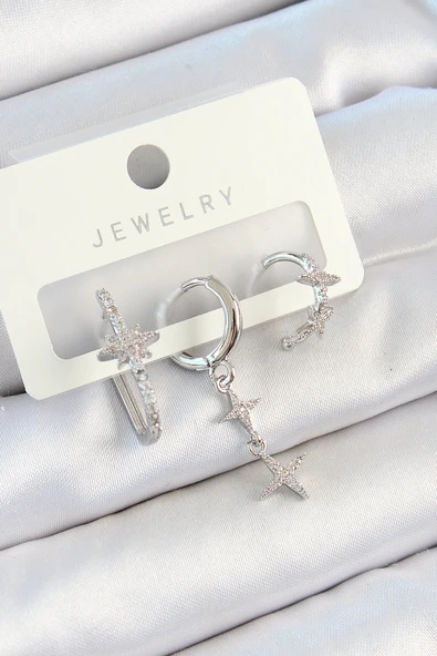 Pirinç Zirkon Taşlı Kelebek Ve Sallantılı Yıldız Model Gümüş Renk 3'lü Çift Kadın Küpe Set ürün görseli 1