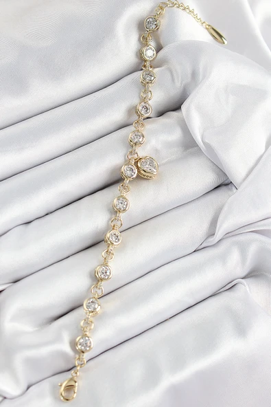 Xuping Pirinç Zirkon Taşlı Sallantılı Kalp Model Gold Renk Kadın Bileklik - Resim 2