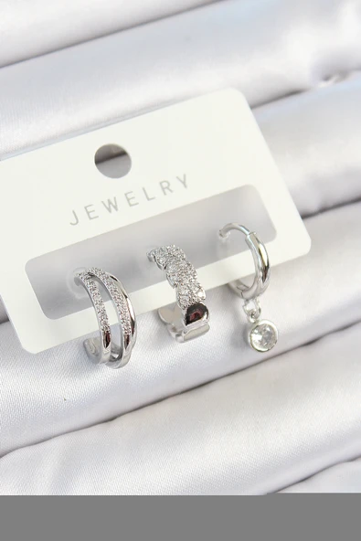 Pirinç Zirkon Taşlı Halka Model Gümüş Renk 3'lü Çift Kadın Küpe Set