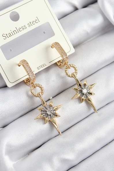 316L Çelik Zirkon Taşlı Sallantılı Kutup Yıldızı Model Gold Ve Gümüş Renk Kadın Küpe ürün görseli 1