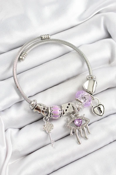 316L Çelik Mor Zirkon Taşlı Göz Kilit Ve Anahtar Model Gümüş Renk Charm Bileklik ürün görseli 1