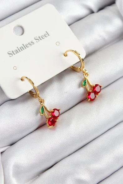316L Çelik Zirkon Taşlı Sallantılı Kiraz Model Gold Renk Kadın Küpe ürün görseli
