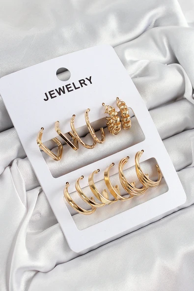 Pirinç Karışık Halka Model Gold Renk 6 Çift Kadın Küpe Set ürün görseli 1