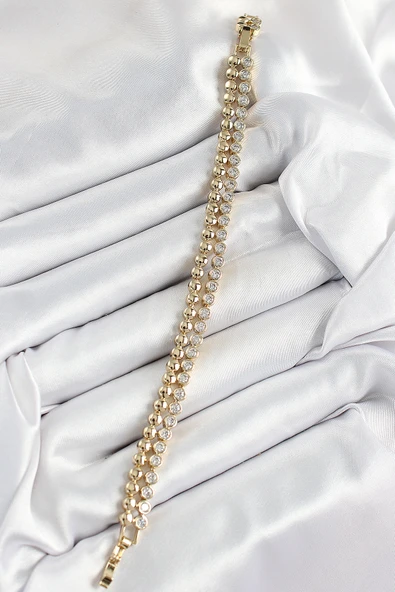 Xuping Pirinç Zirkon Taşlı Çift Görünümlü Model Gold Renk Kadın Bileklik - Resim 2