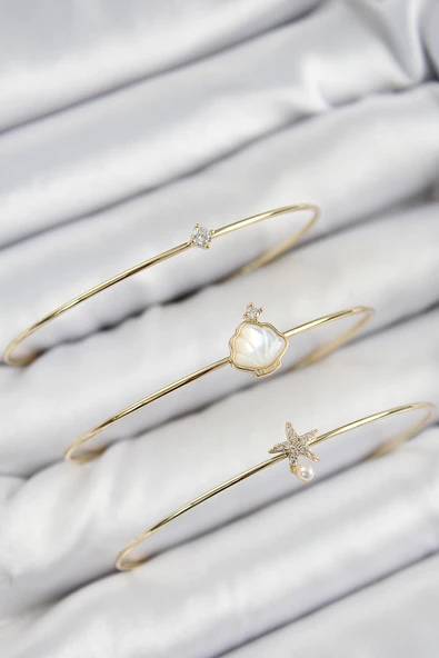 Pirinç Zirkon Taşlı İstiridye Ve Deniz Yıldızı Model Gold Renk Vip 3'lü Kadın Bileklik - Resim 2